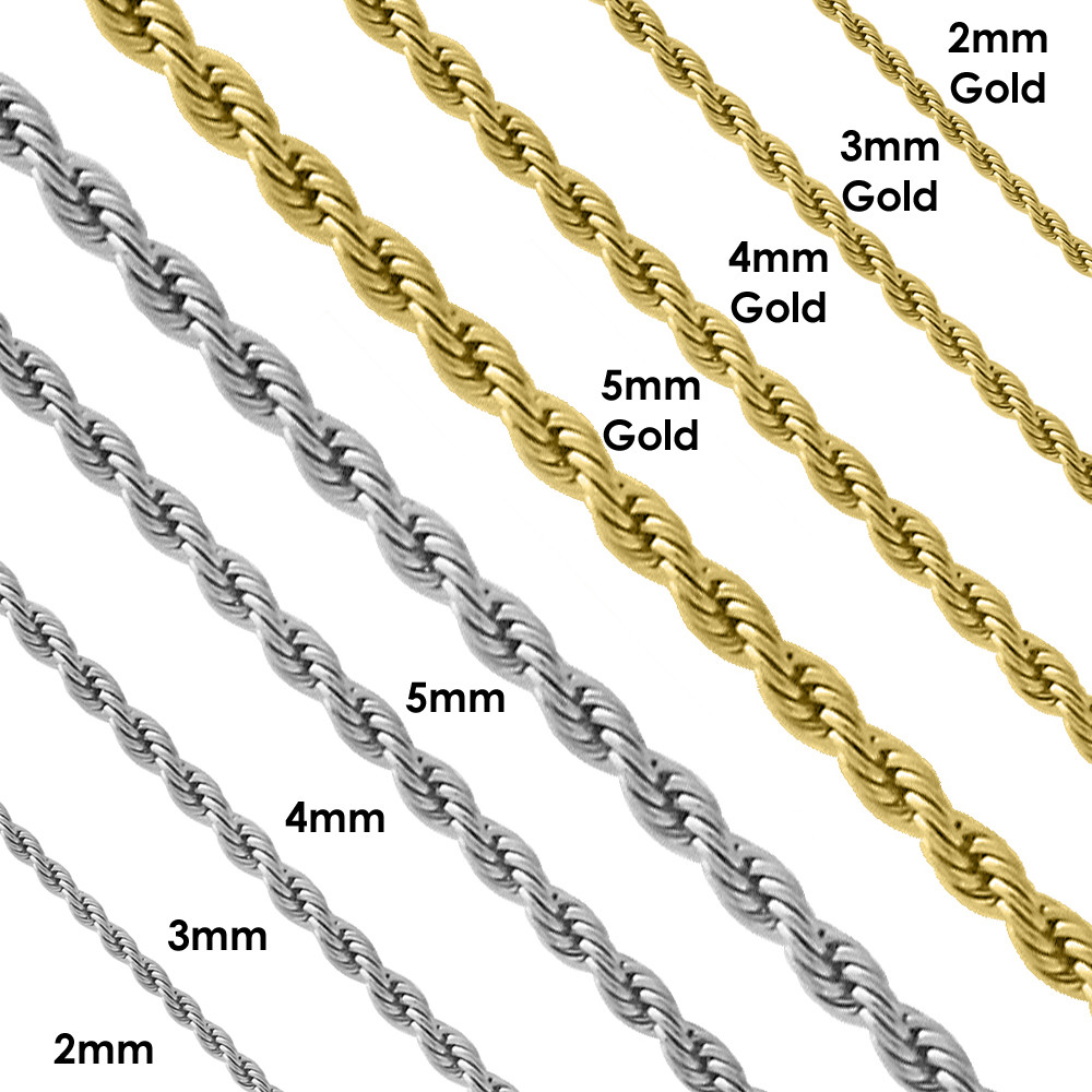 Stainless Steel or Gold Plated Rope Chain Necklace Boys and Mens Lengths
