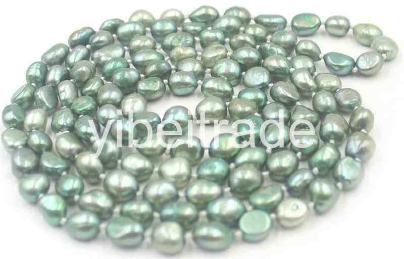 Handmade dark green Freshwater Pearl Beads Knot Long Necklace 8-9mm 45″