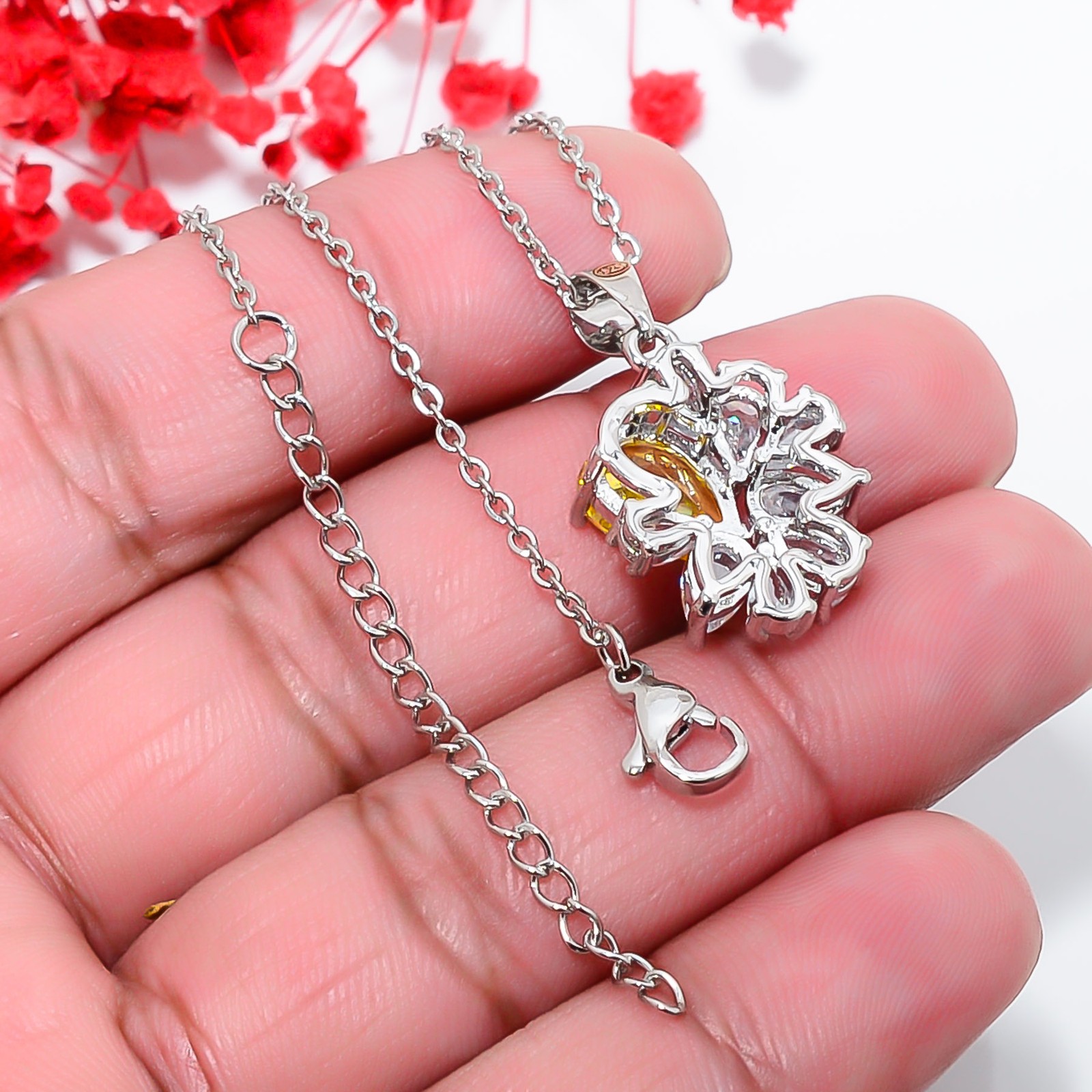 Yellow Sapphire Simulated & White Topaz 925 Silver Pendant Chain 18-20″ CP1214