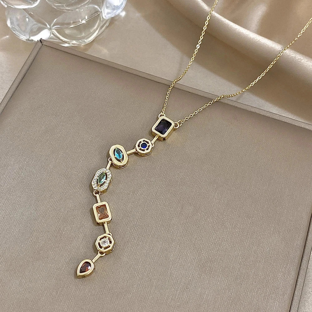 Vintage Geometric Colorful Zircon Long Pendant Necklace for Women Gold Plated