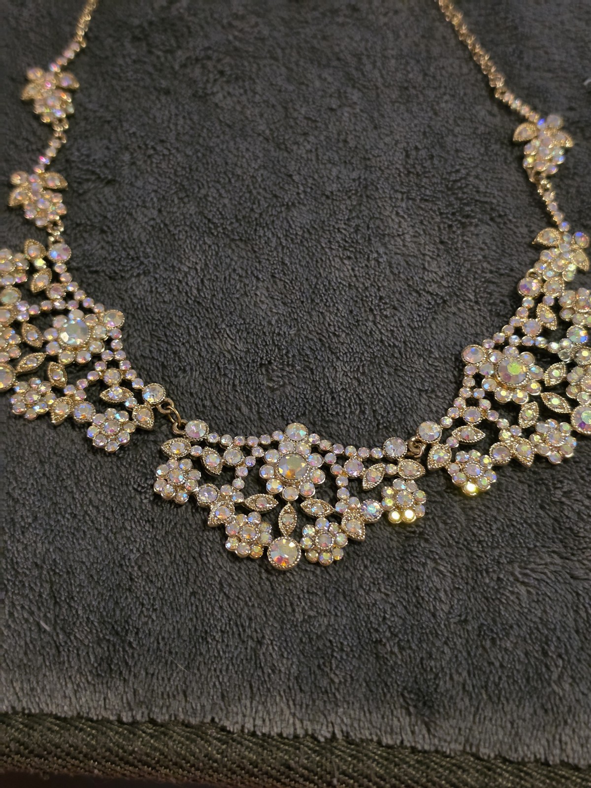 Monet Gold Tone Floral Bib Necklace White Rhinestone Crystal Lobster Clasp