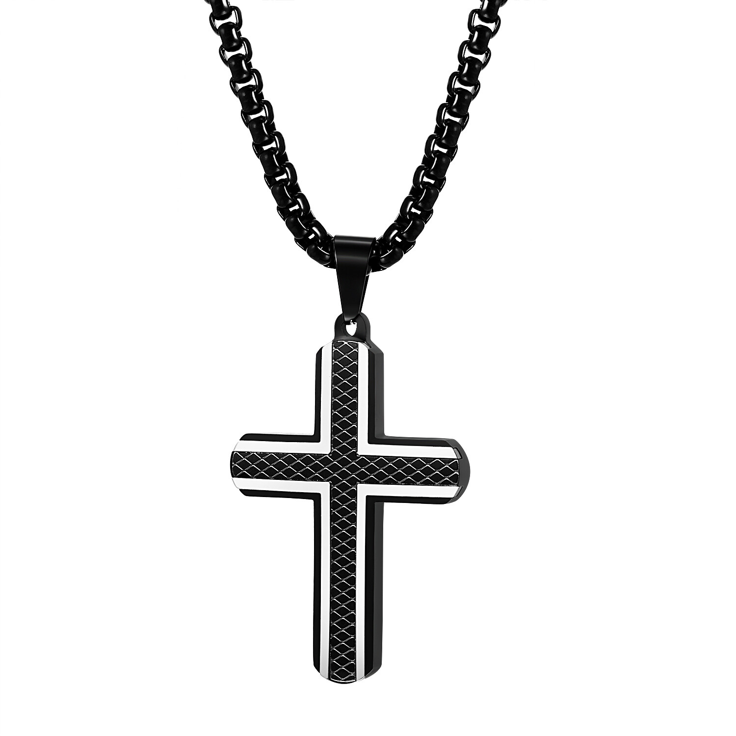 Mens Boys Cool Black Striped Cross Stainless Steel Pendant Necklace Chain 22in
