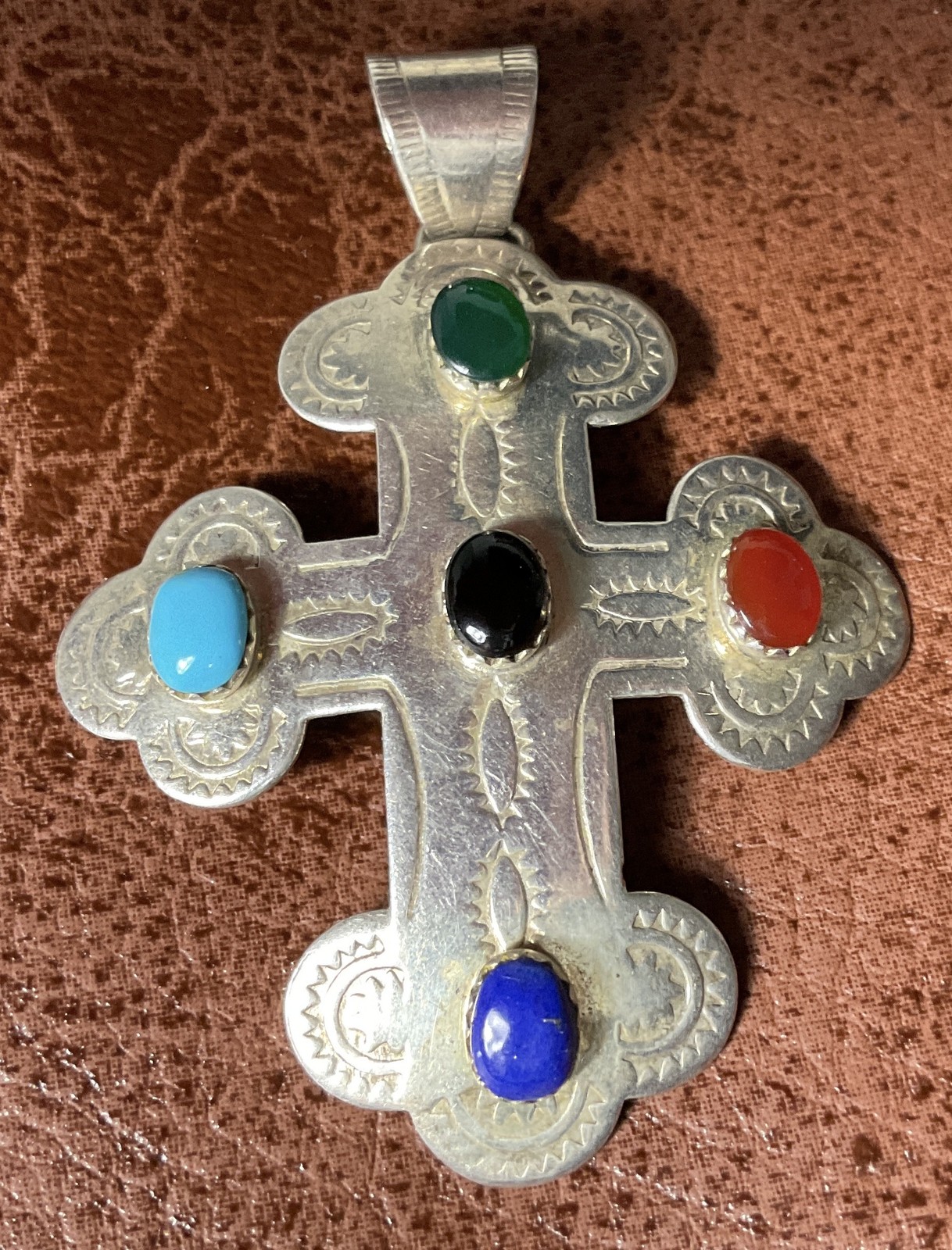 Sterling Silver Multi-Stone Cabochon Cross Pendant — 925 Thailand — Turquoise, L