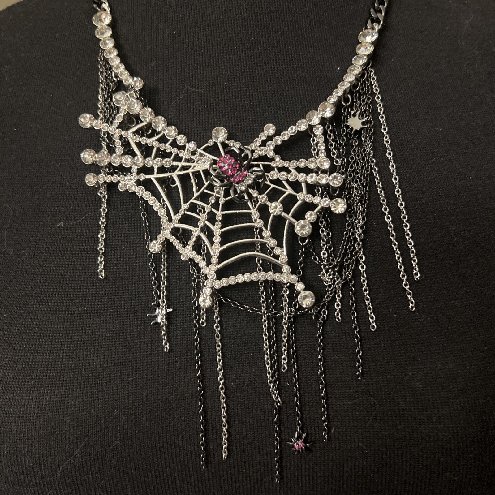 Betsey Johnson Spider Web Necklace Spooky Halloween Crystals NEW HTF Statement