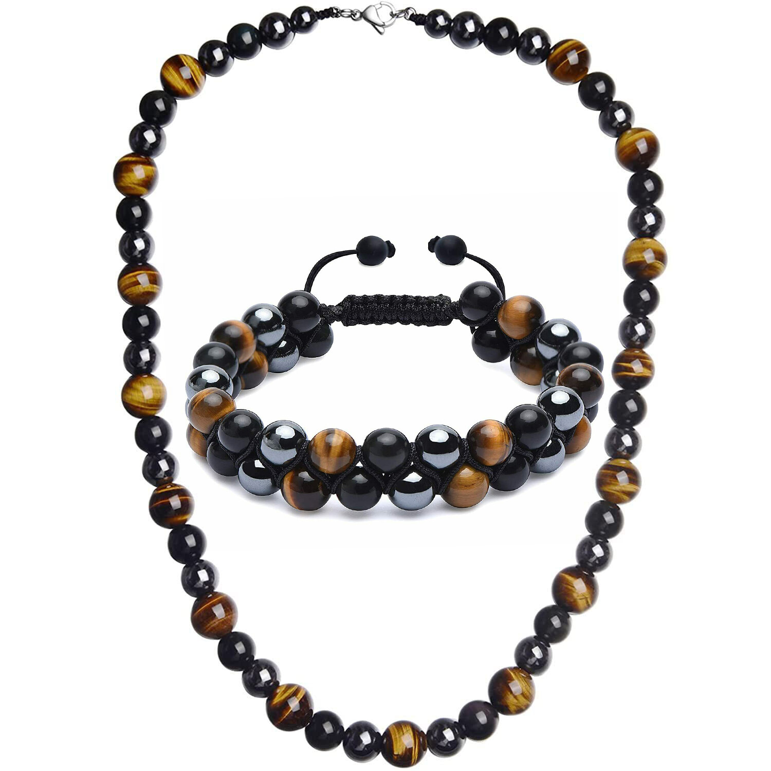 8MM Tiger Eye Set Men Triple Protection Necklace 24” Hematite Obsidian Bracelet