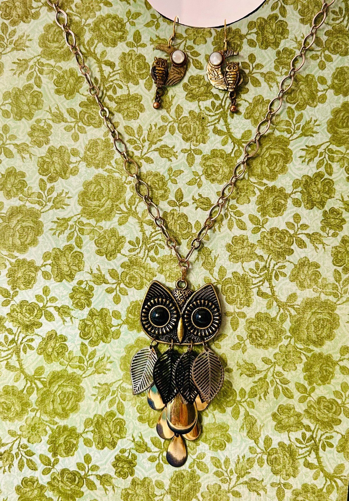 Articulated Owl Pendant Necklace, Silver Forest Moon Earrings, Boho Vintage Jewe