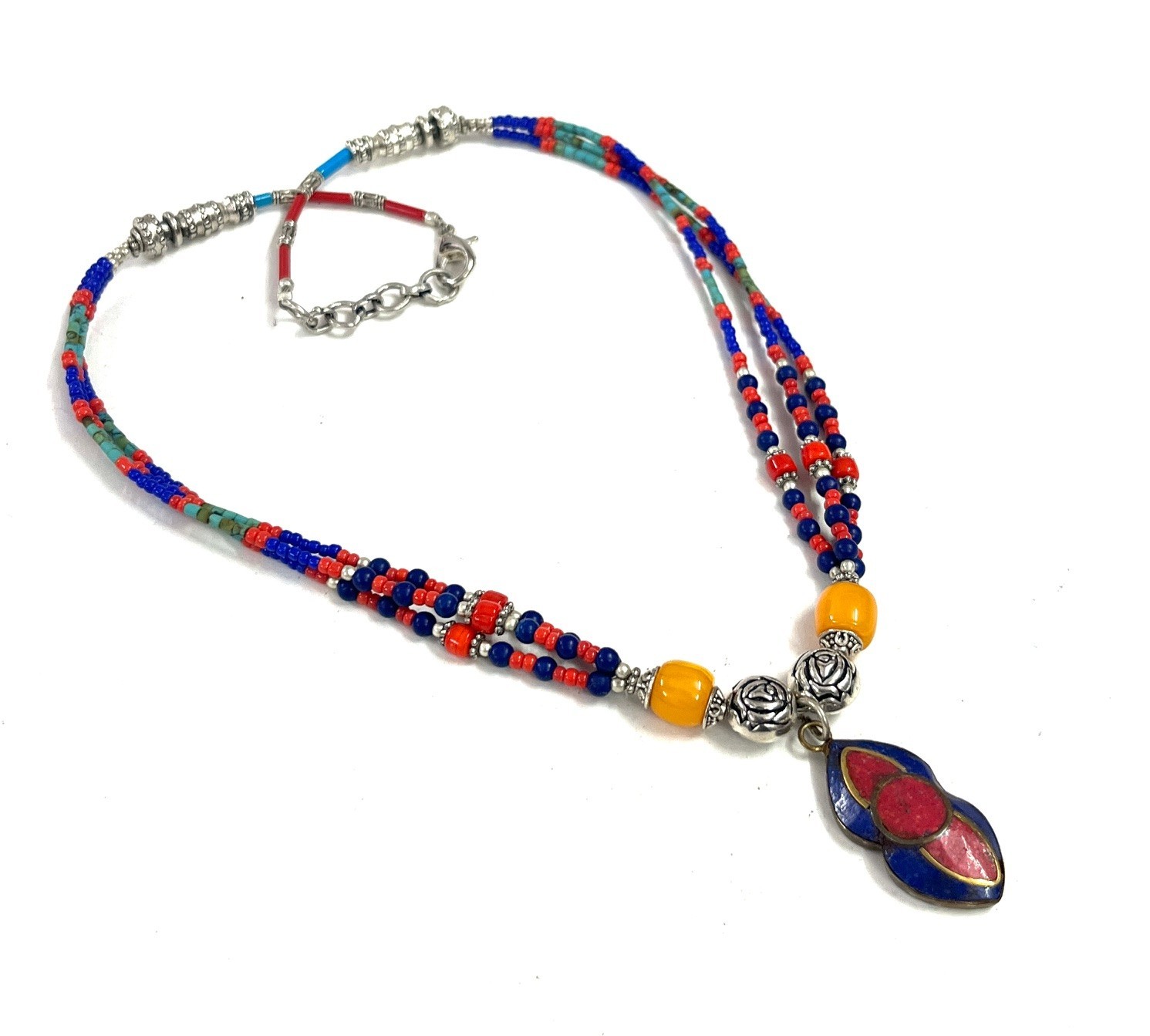 Red Coral Lapis Gemstone Tibetan Style Handmade Necklace Jewelry, 17 Inch Adjst