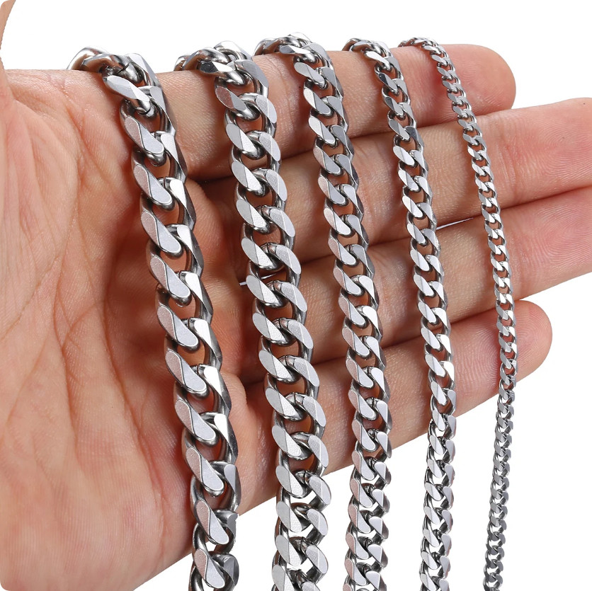 16-30″ Stainless Steel Silver Chain Cuban Curb Womens Mens Necklace 3/5/7/9/11mm
