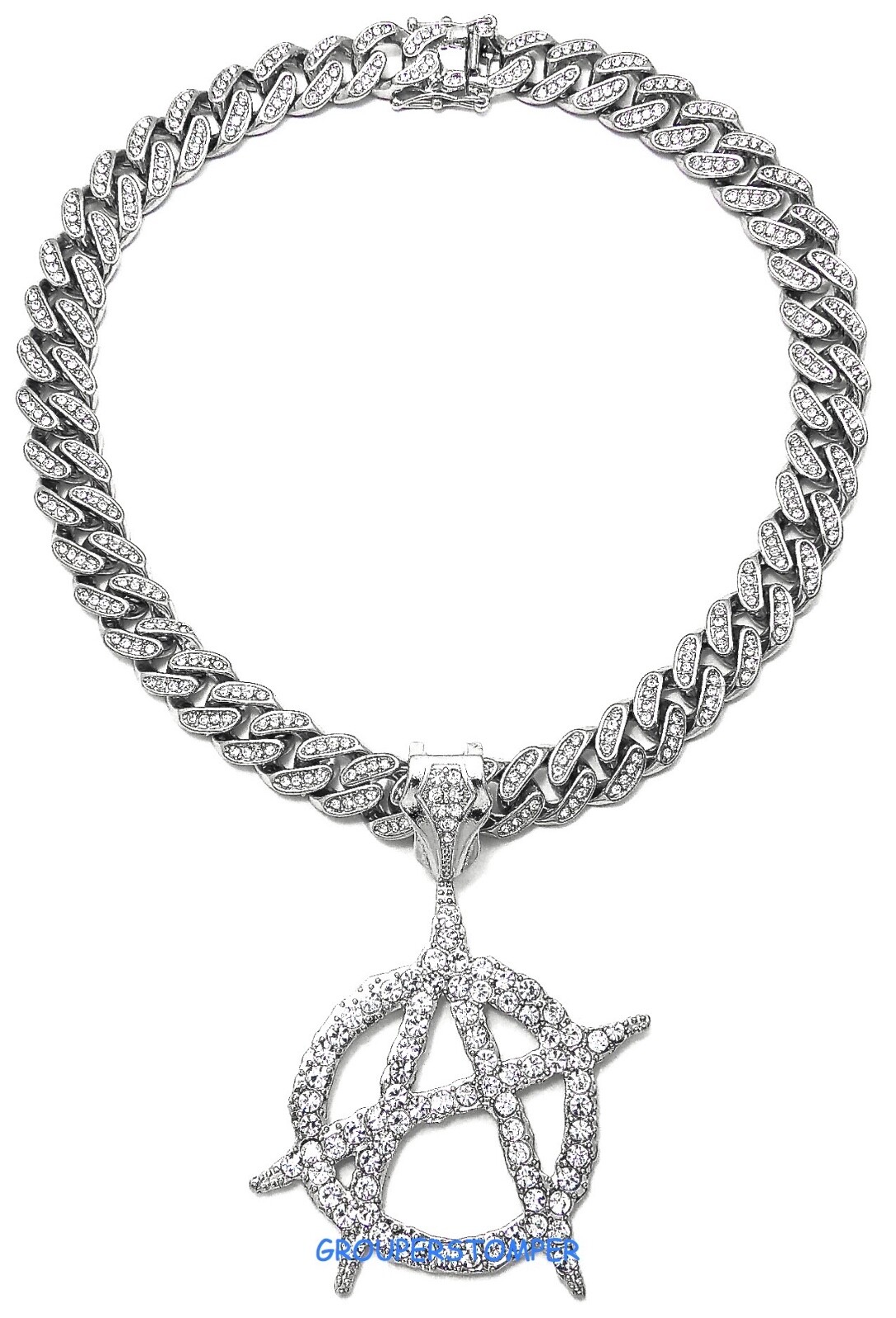 Anarchy Crystal Rhinestone Pendant Necklace with 20 Inch Long Cuban Thick Chain