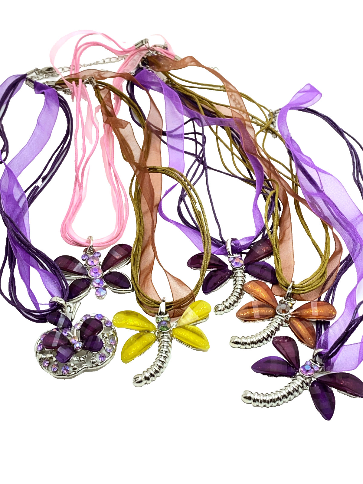 Necklace Lot 6 Dragonfly Butterfly Resin Pendant Purple Pink Yellow Boho