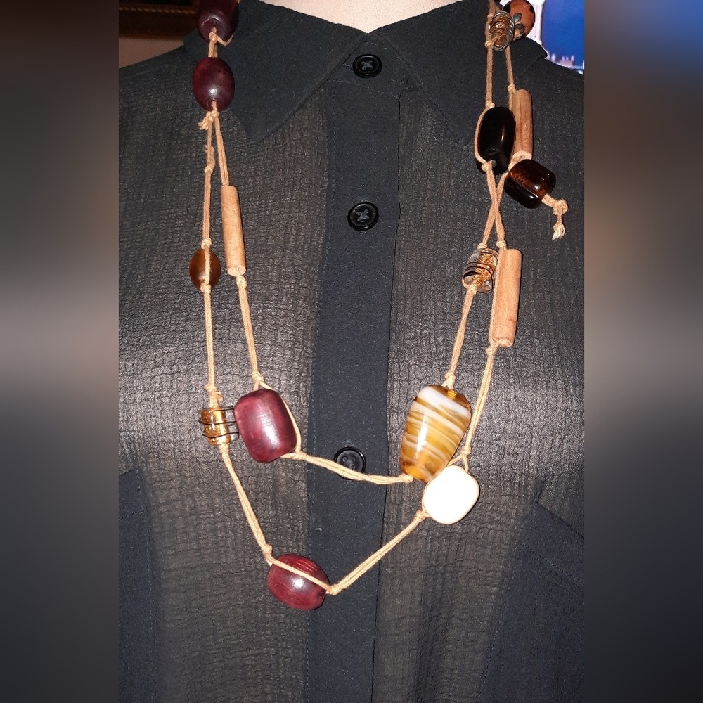 long wood, Art glass indonesian style cord Station Boho Beaded necklace