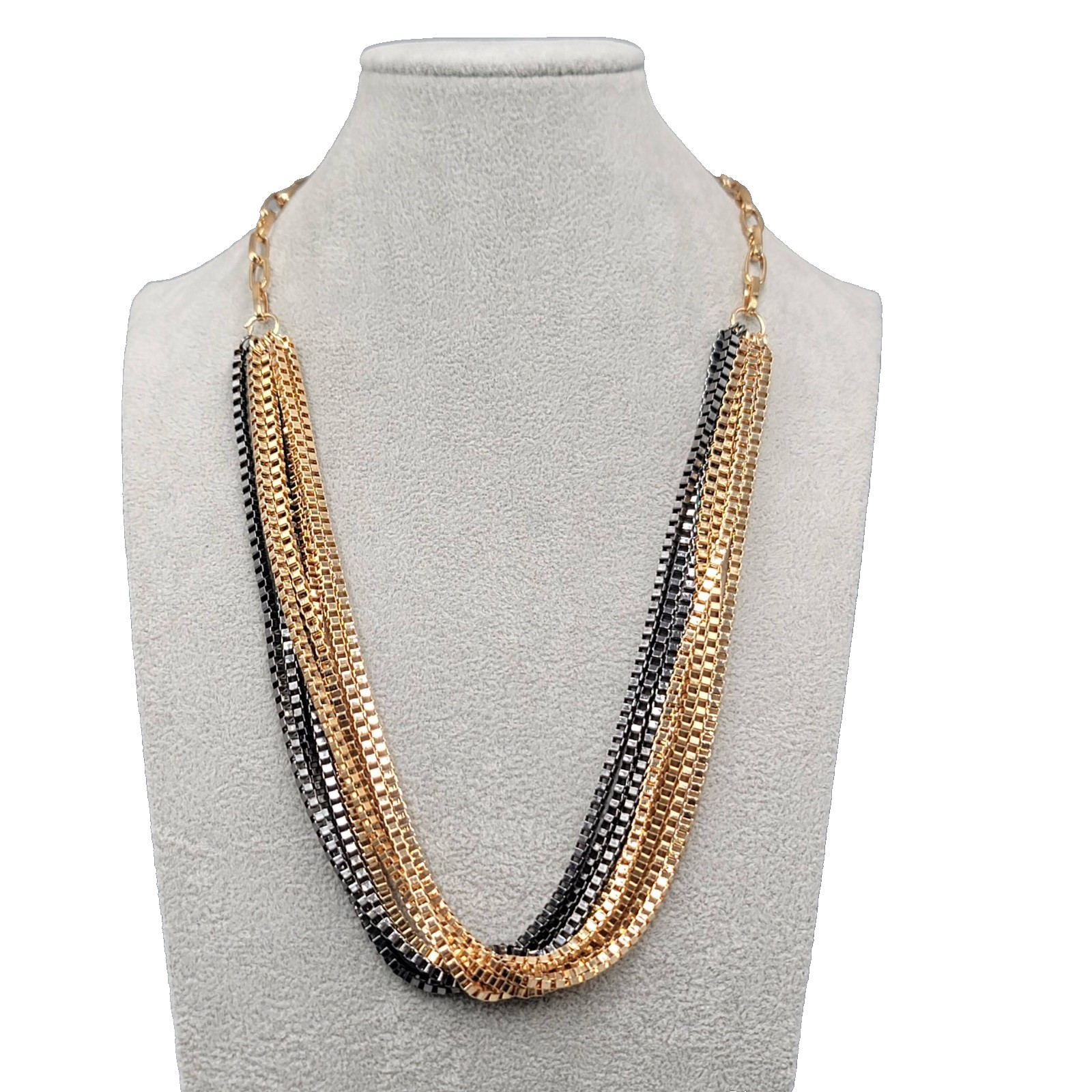 Gold tone and Black Necklace Multiple Box Chains Statement 24″ Adj