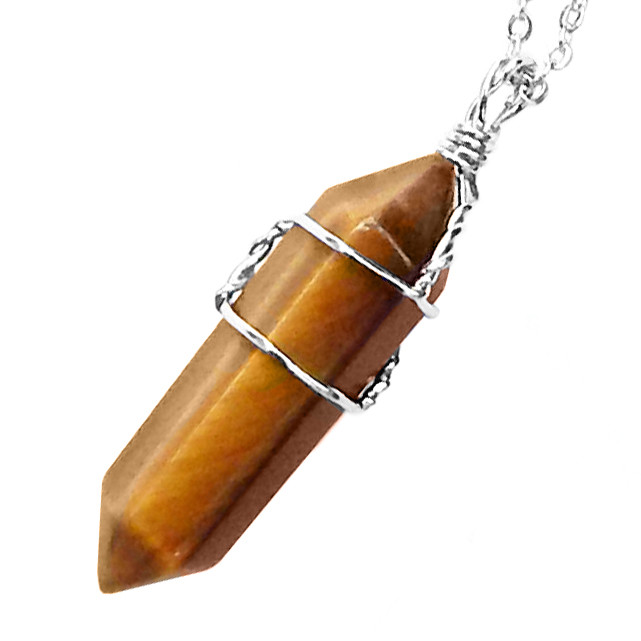 Wire Wrapped Tiger Eye Point Pendant Chakra Crystal Pendant Silver Wrap Necklace