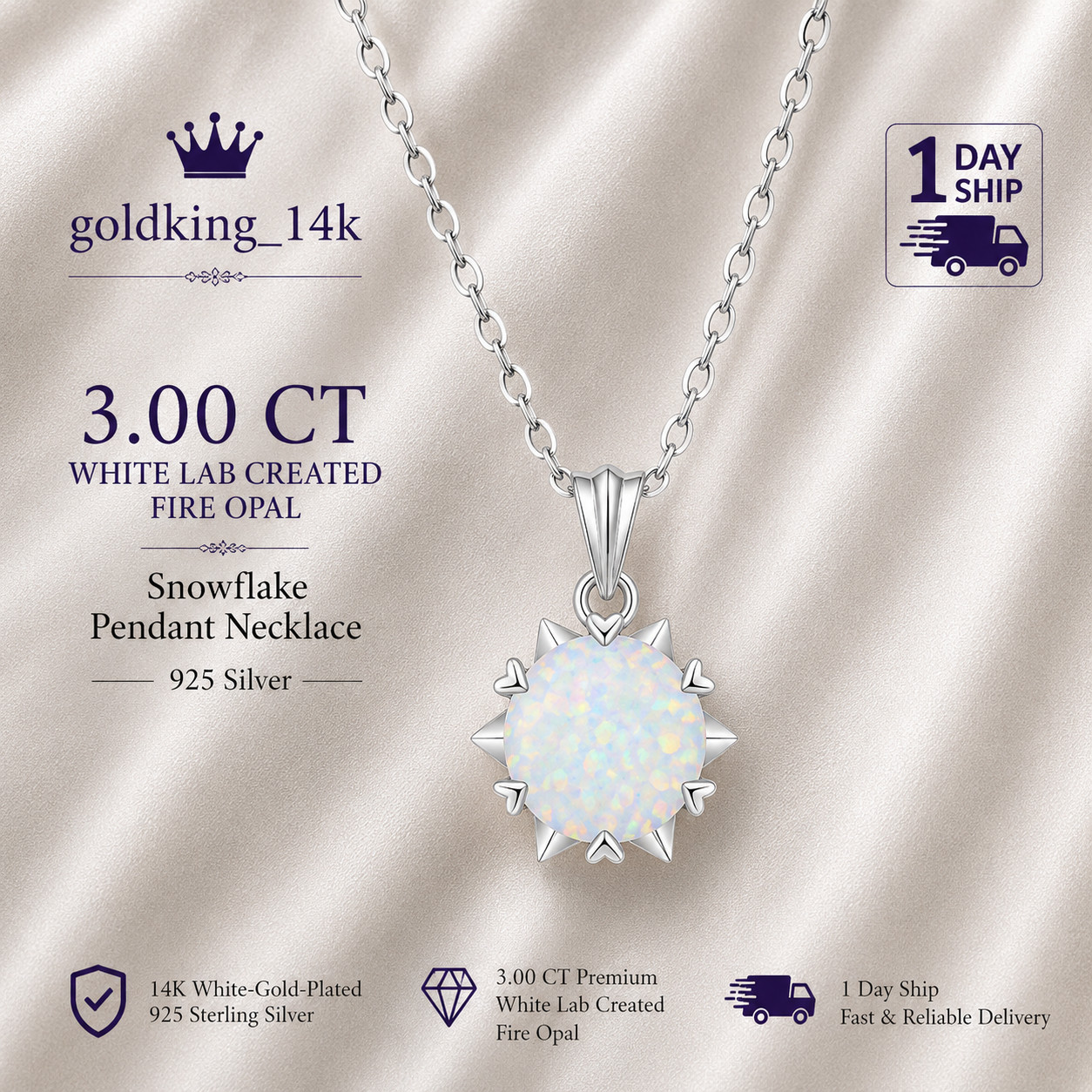 3Ct lab created fire opal Snowflake Pendant Necklace Women 14K White Gold Plated