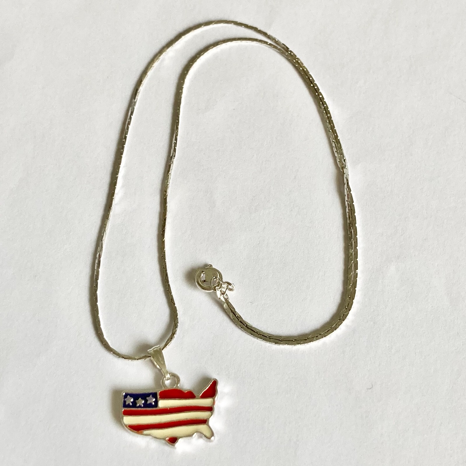USA American Flag Necklace US Patriotic July 4th United States Map Silver Plated