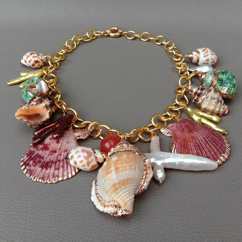 19″ Multi Sea Shell Pearl Chain Necklace Summer Beach Jewelry