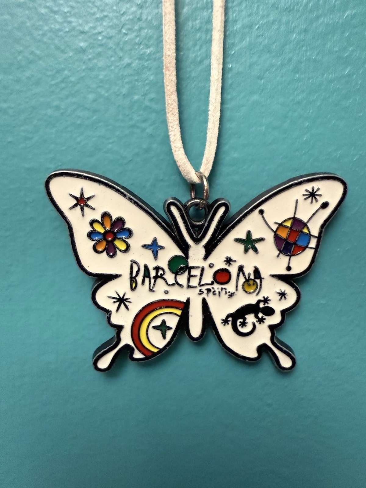 Barcelona Spain Butterfly Pendant Necklace Gaudi Mosaic Enamel Souvenir Cord