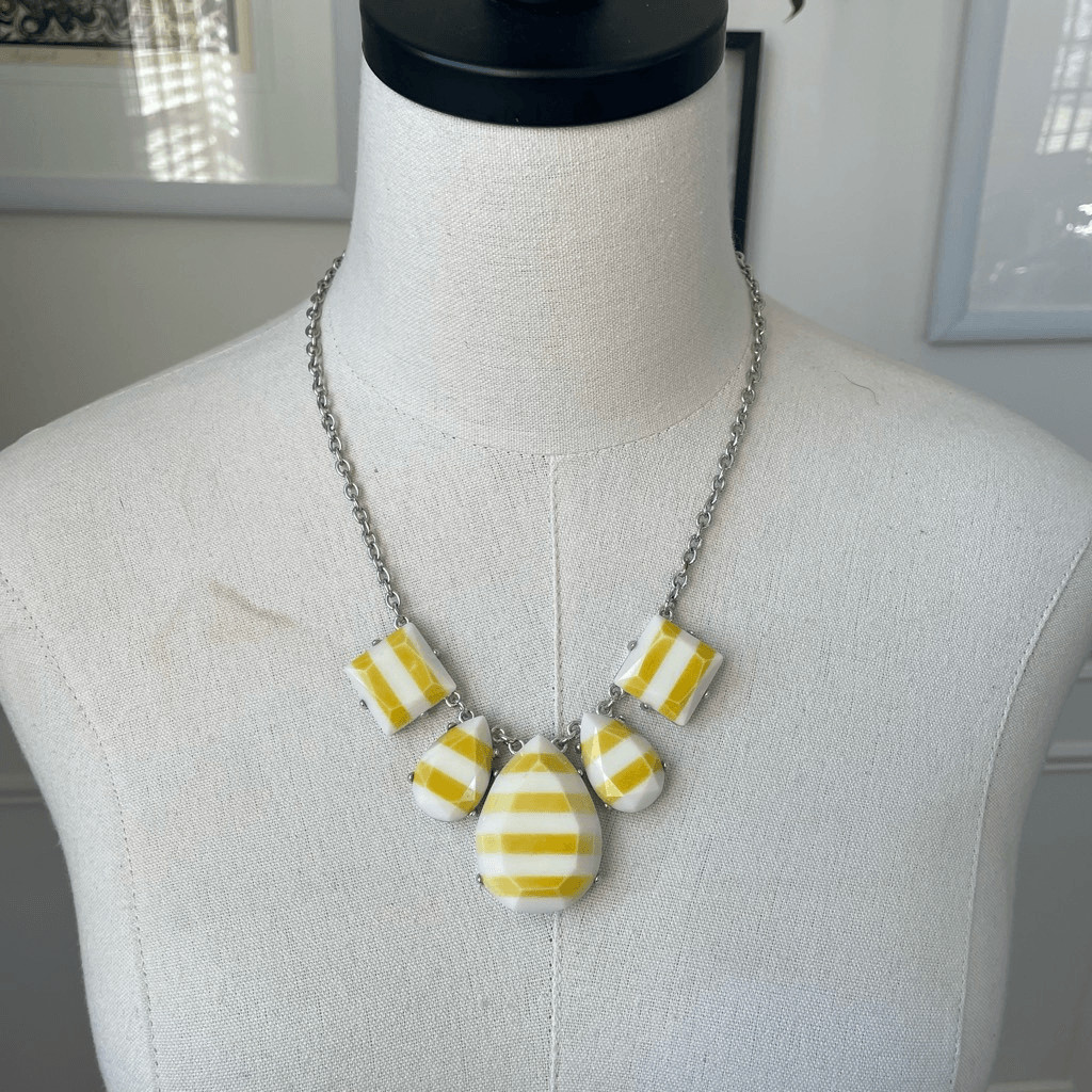 NWT Versona White Yellow Stripe Cabochon Silver Tone Adj Necklace