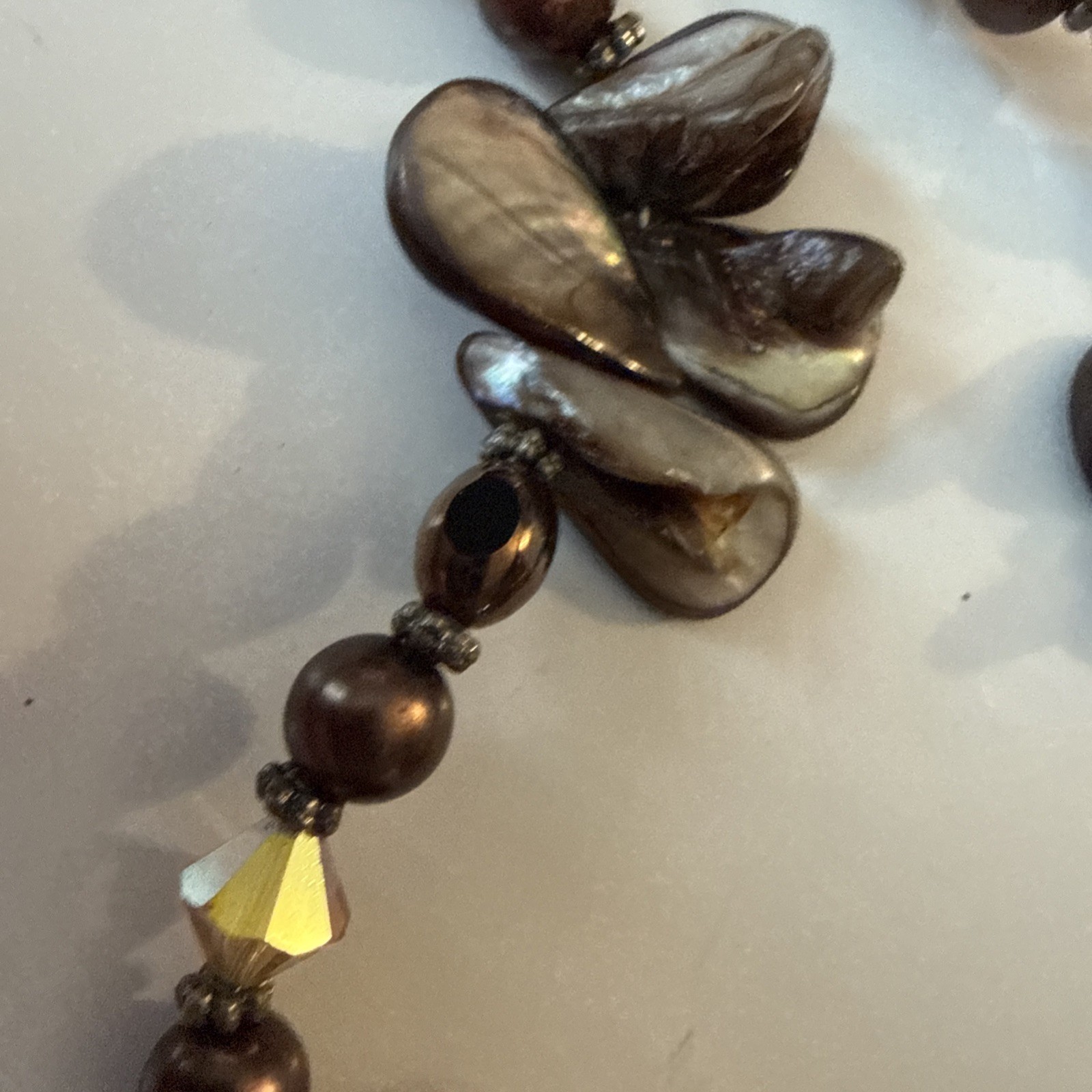 BROWN BRONZED ABALONE SHELL Necklace Beaded Silver Tone Spacers Toggle Clasp