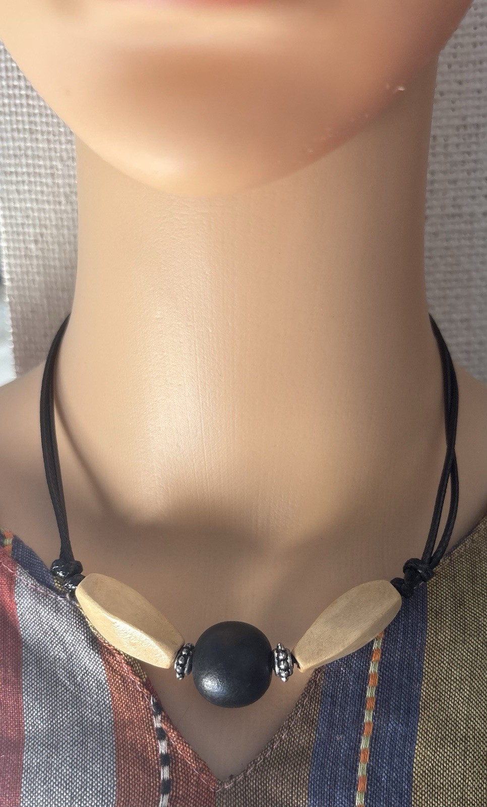 Wood Round Bead Pendant Black Cord Beaded Necklace Adjustable Slide Closure