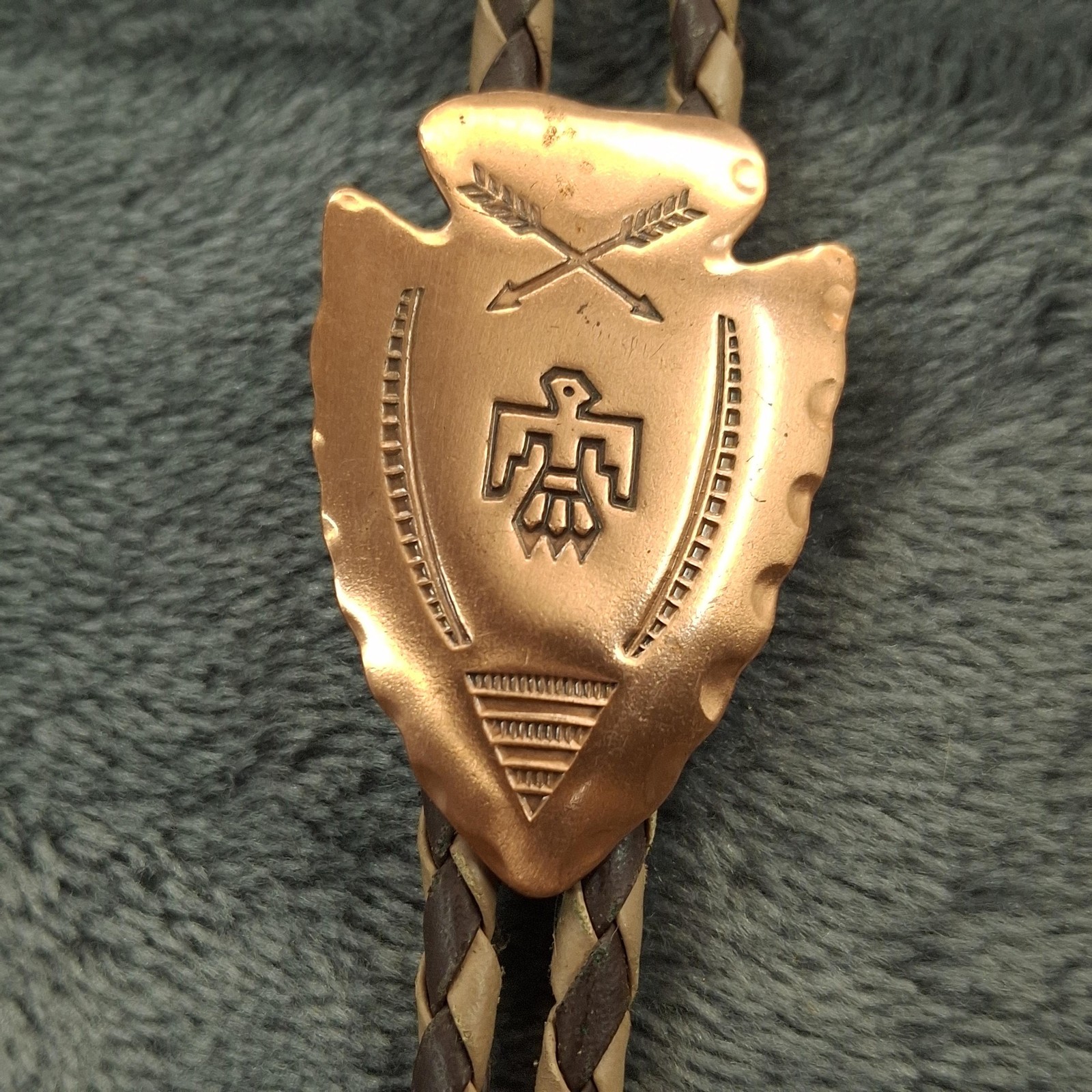 Vtg Solid Copper Thunderbird Crossed Arrows Bolo Tie Western Cowboy