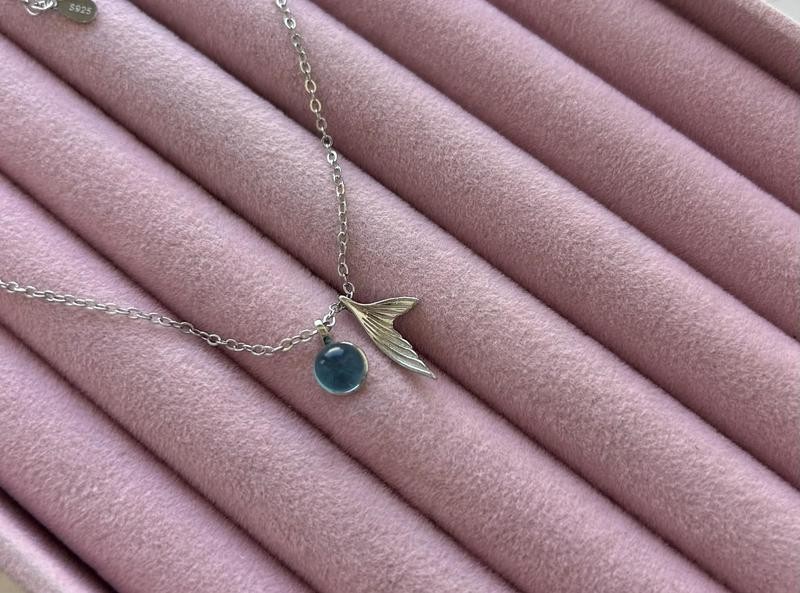 Light Blue Gemstone With Silver Mermaid Tail Pendant Necklace
