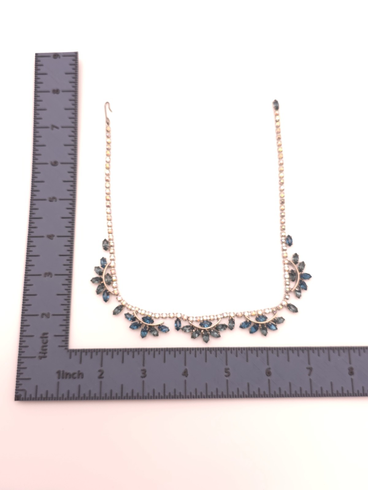 Silver Tone Blue Marquise Crystal Rhinestone Statement Collar Necklace Hook