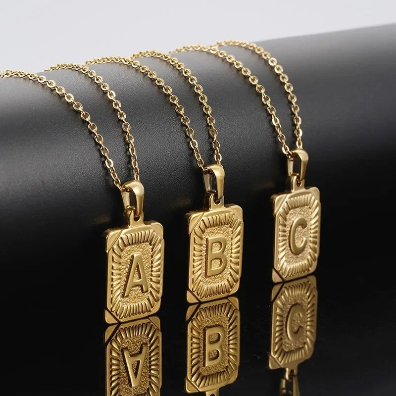 Initial Letter Pendant Necklace Stainless Steel Cuban Link Chain Alphabet Neckla