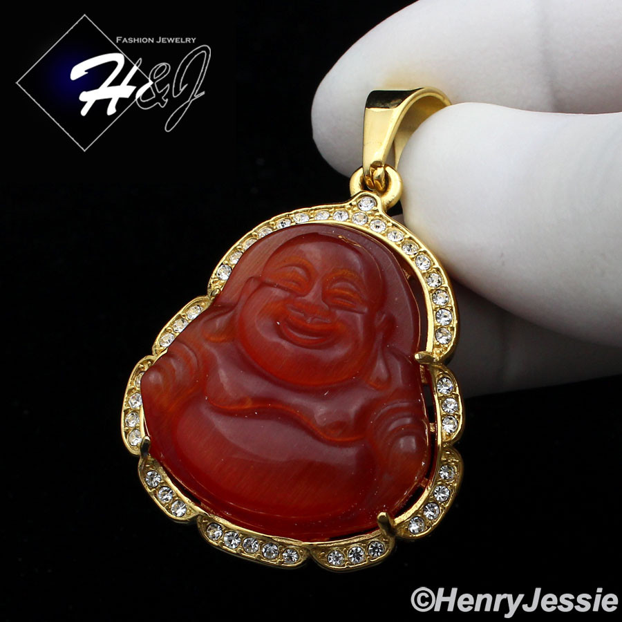MEN WOMEN Stainless Steel Carnelian Rhinestone Gold Plated Buddha Pendant*GP124