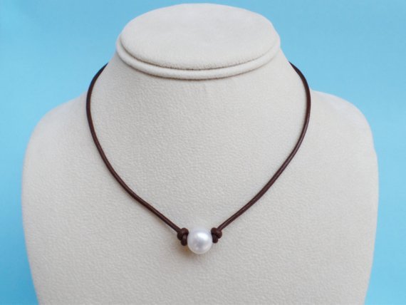 Single Cultured Freshwater Pearl Choker Necklace -Genuine Black or Brown Leather