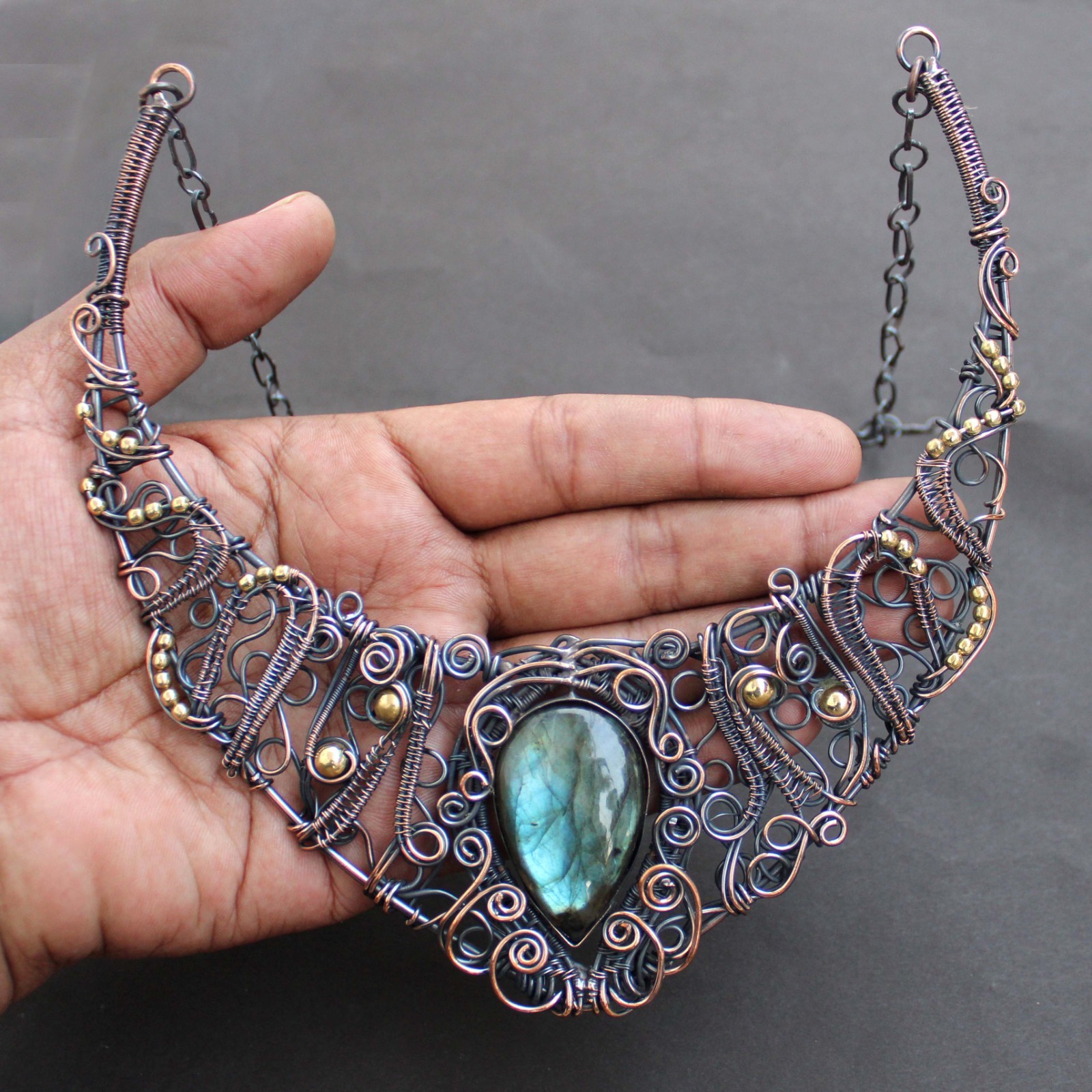 Natural Labradorite Necklace Jewelry Copper Wire Wrapped Chain Necklace 18.0″