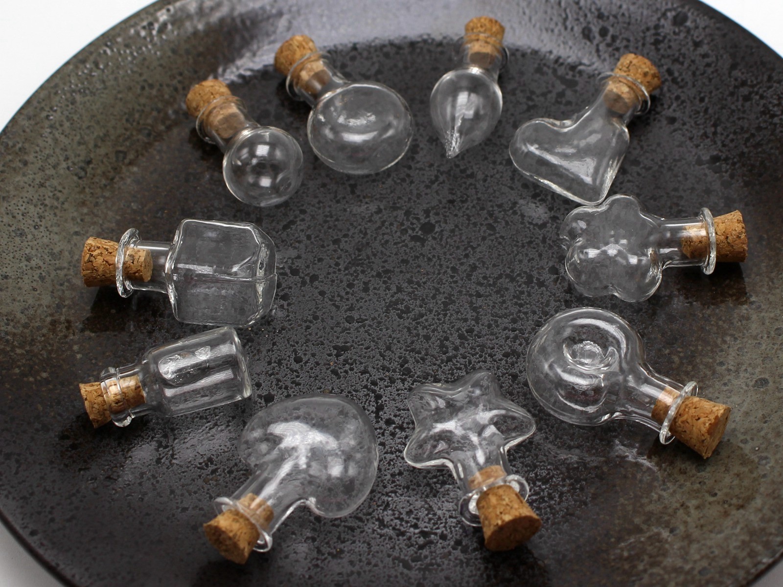 10 Assorted Mini Empty Glass Bottle Vials Cork Charm Pendants Wish Bottles