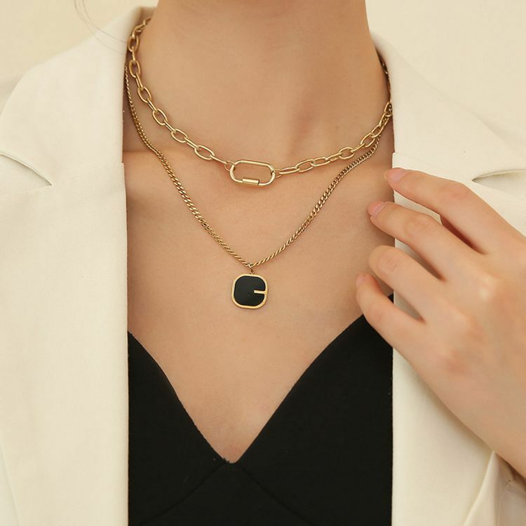Woman 18K Gold Plated Stainless Steel 2 Layers Square Pendant Charm 19.7”