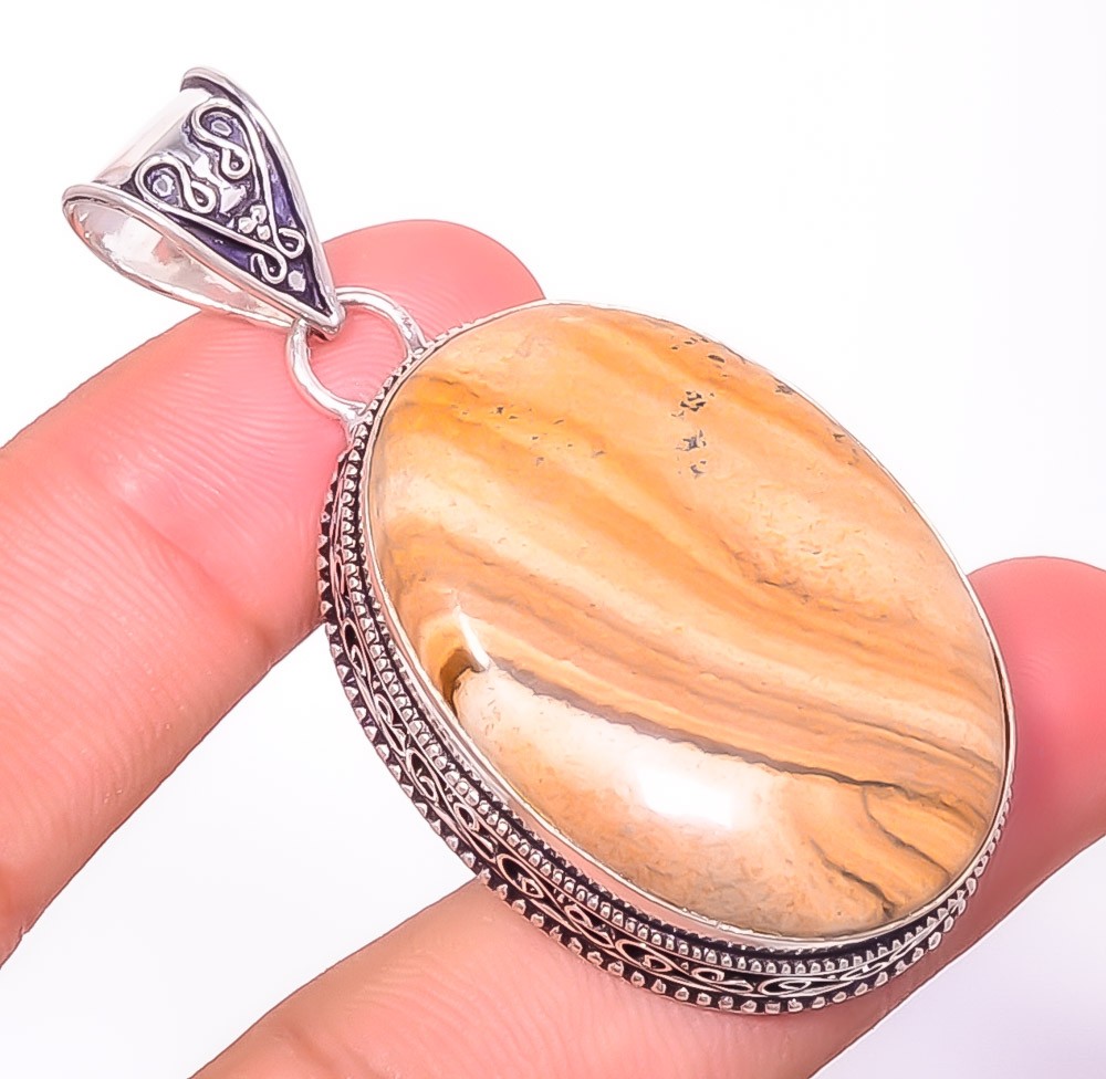 Natural Fine Art – Picture Jasper 925 Silver Plated Bali Pendant 2.22″ T8612