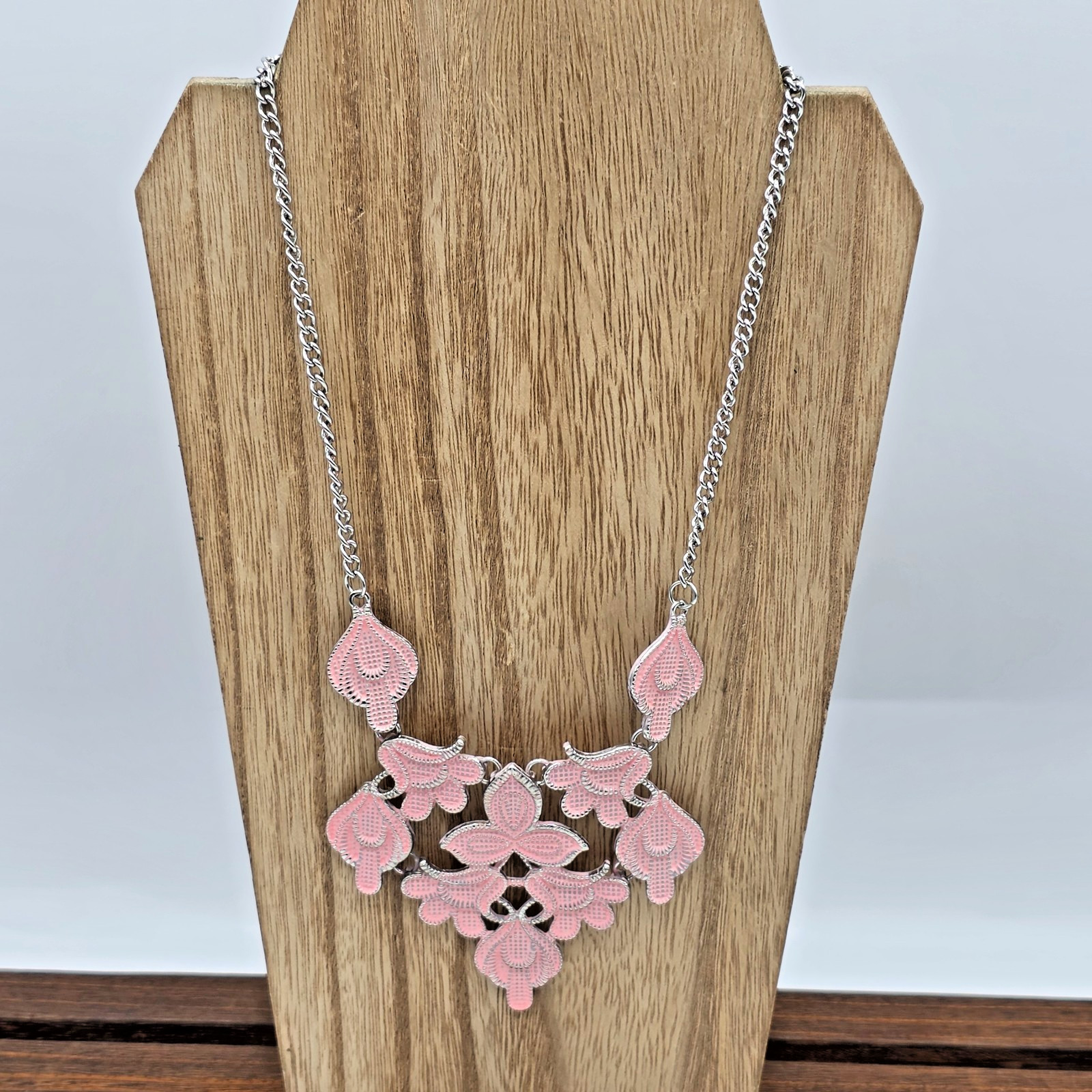 Plunder SUE Silver Cuban Link Soft Pink Floral Bib Bohemian Statement Necklace