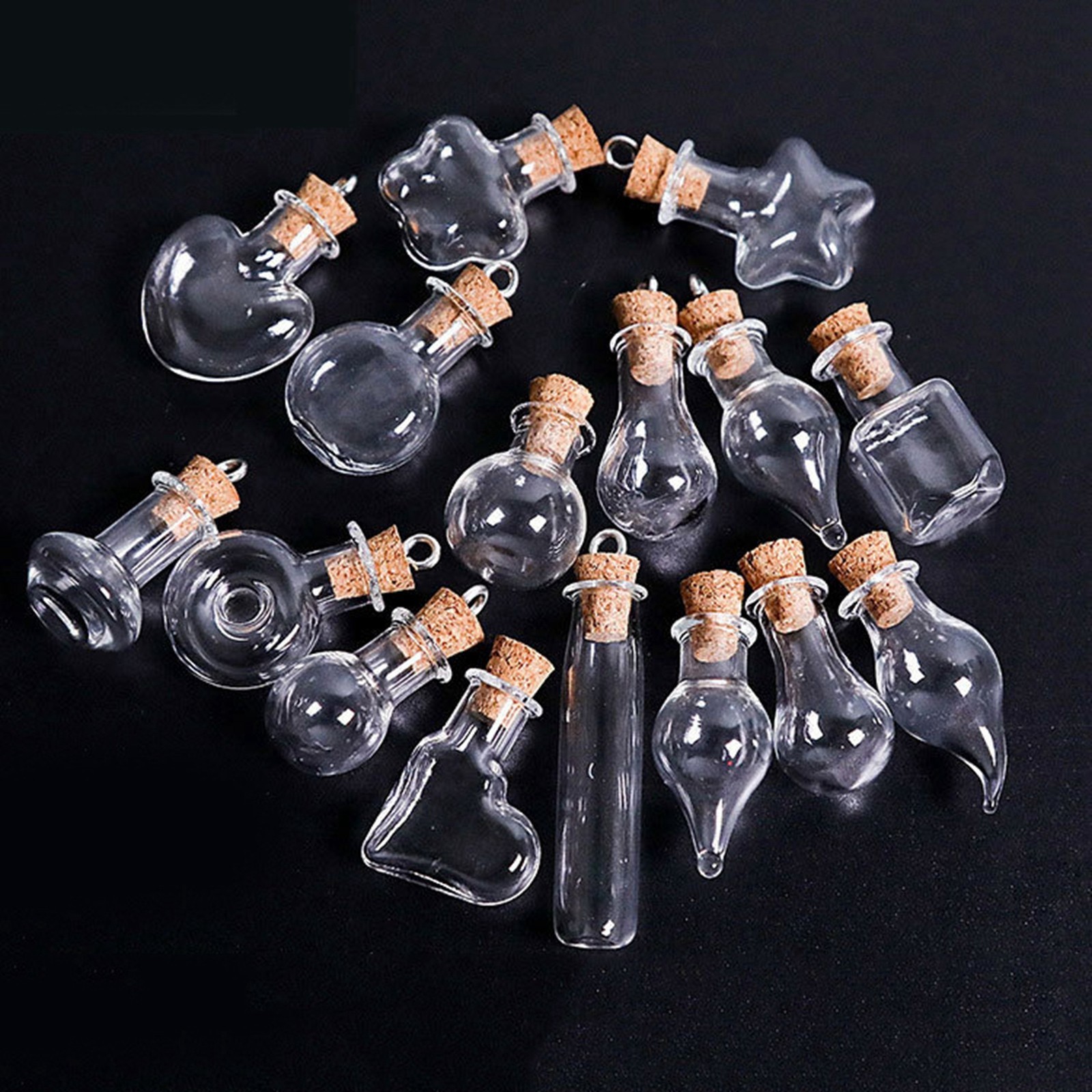 10 Assorted Mini Empty Glass Bottle Vials Cork Charm Pendants Wish Bottles
