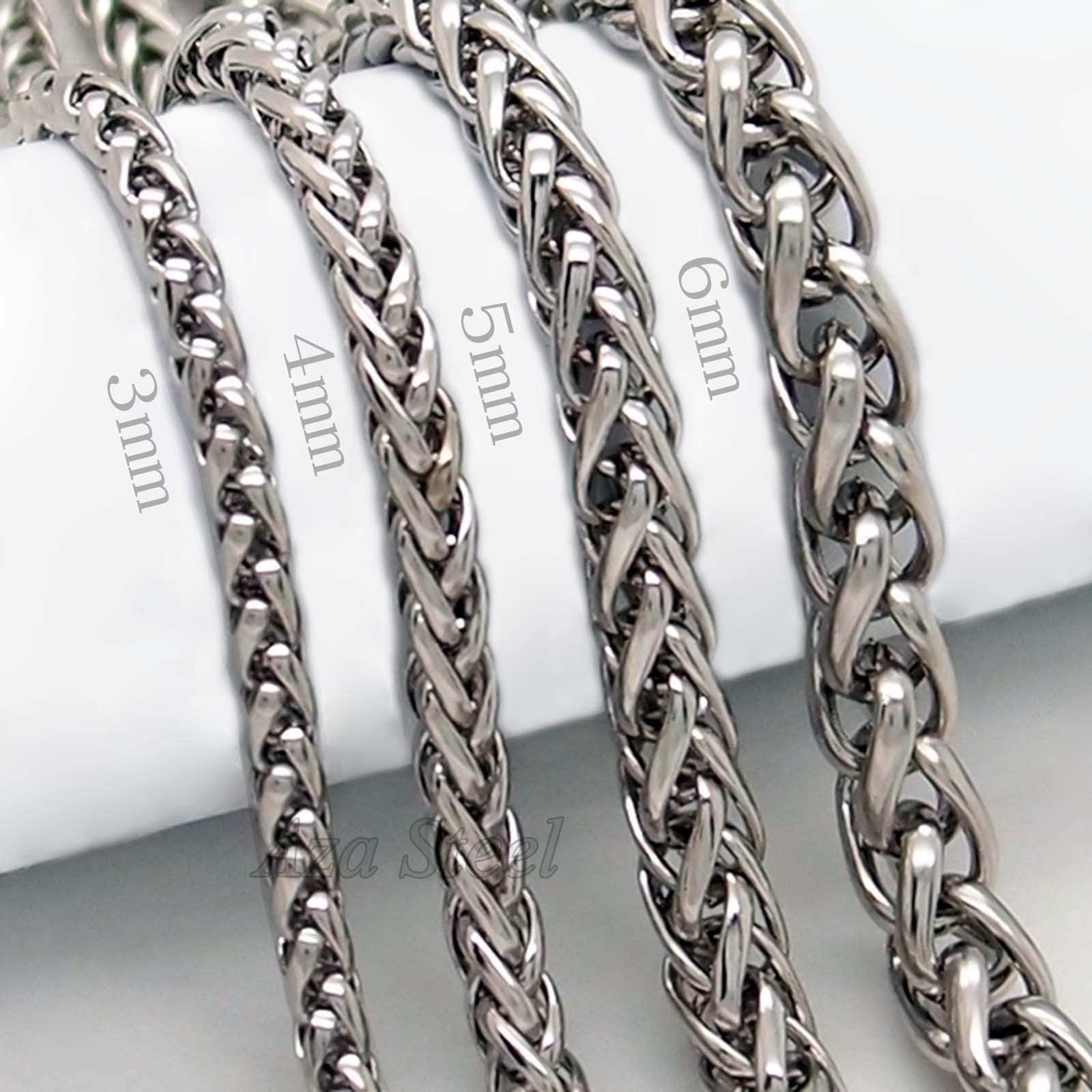 3/4/5/6MM 18-36″ MENS Silver Stainless Steel Wheat Braided Chain Necklace Link