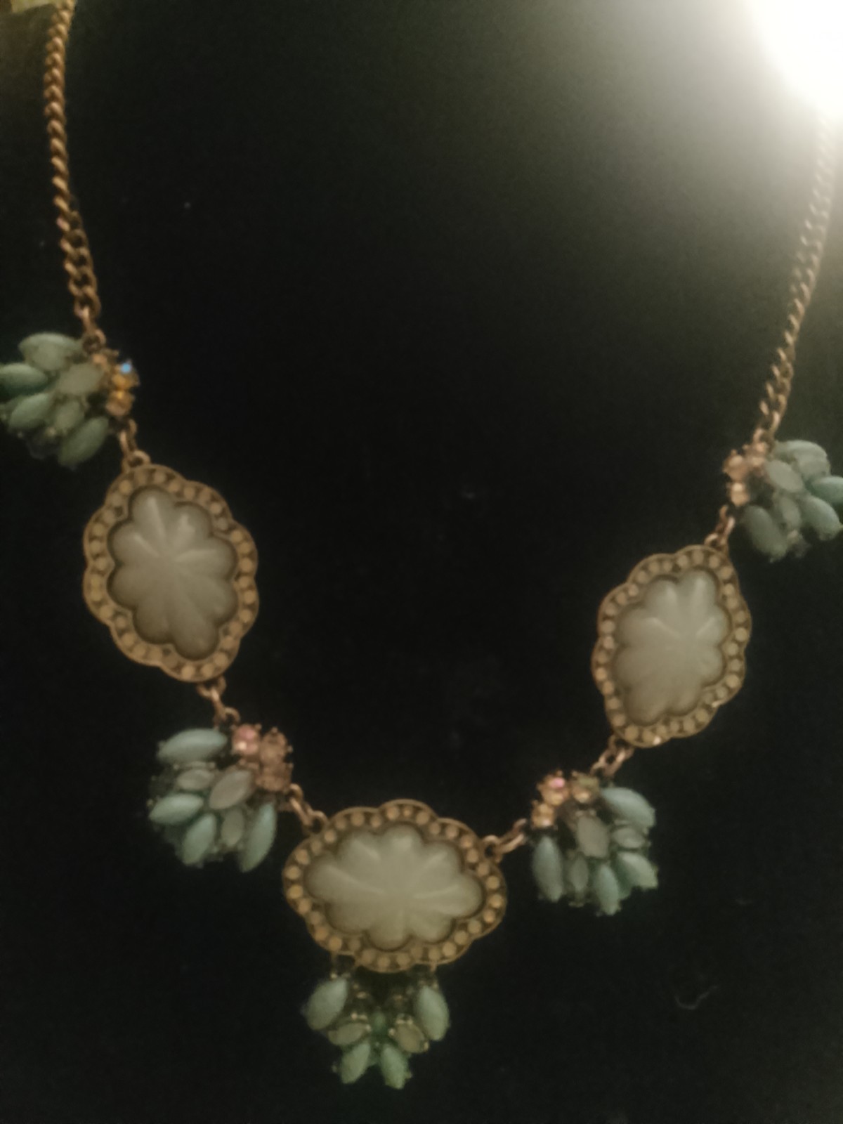 Gold Tone Floral Bib Statement Necklace White Oval Bezel Cabochons Green Dangles