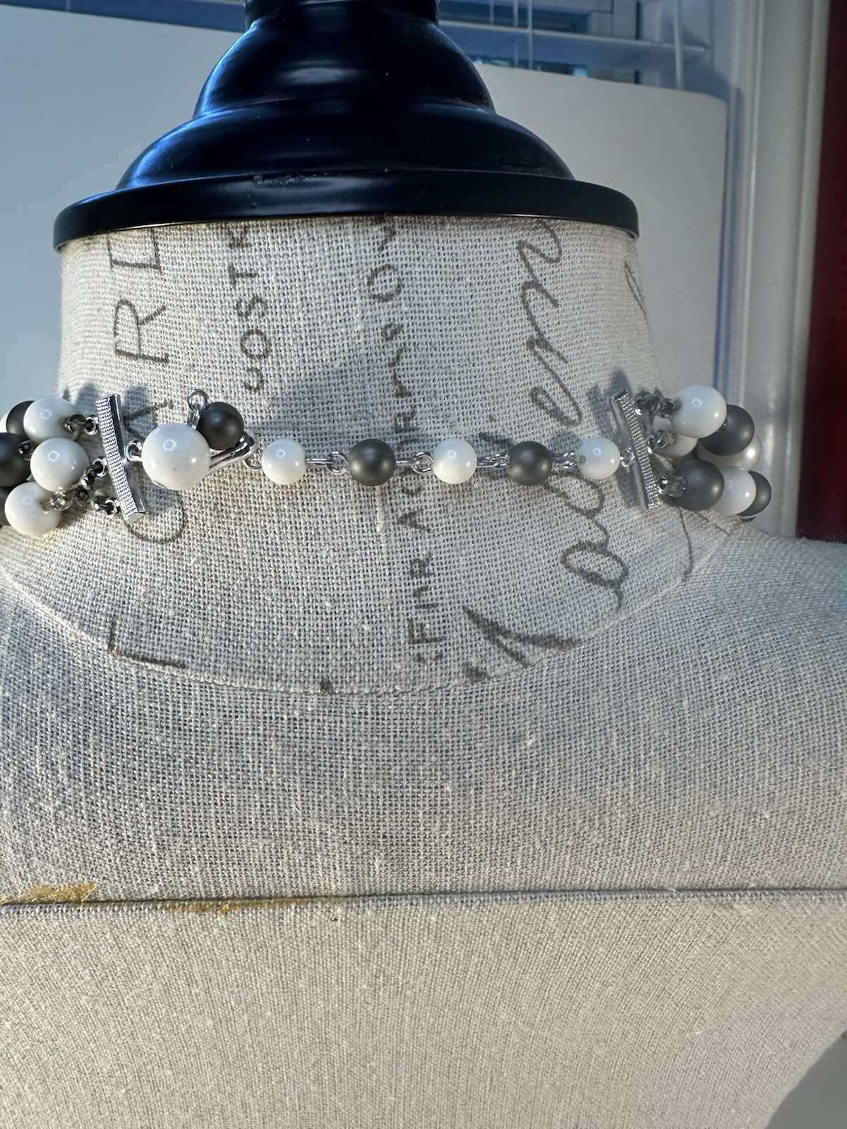 Vintage Multi-Strand Beaded Necklace, Black White Gray Beads, Adjustable Jewelry