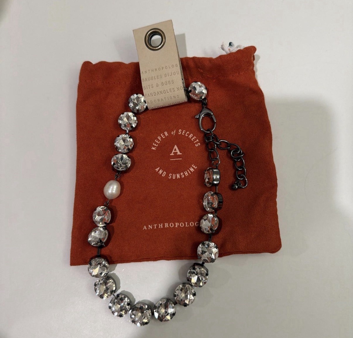 Anthropologie Statement Choker Necklace Crystal & Pearl Silver Adjustable