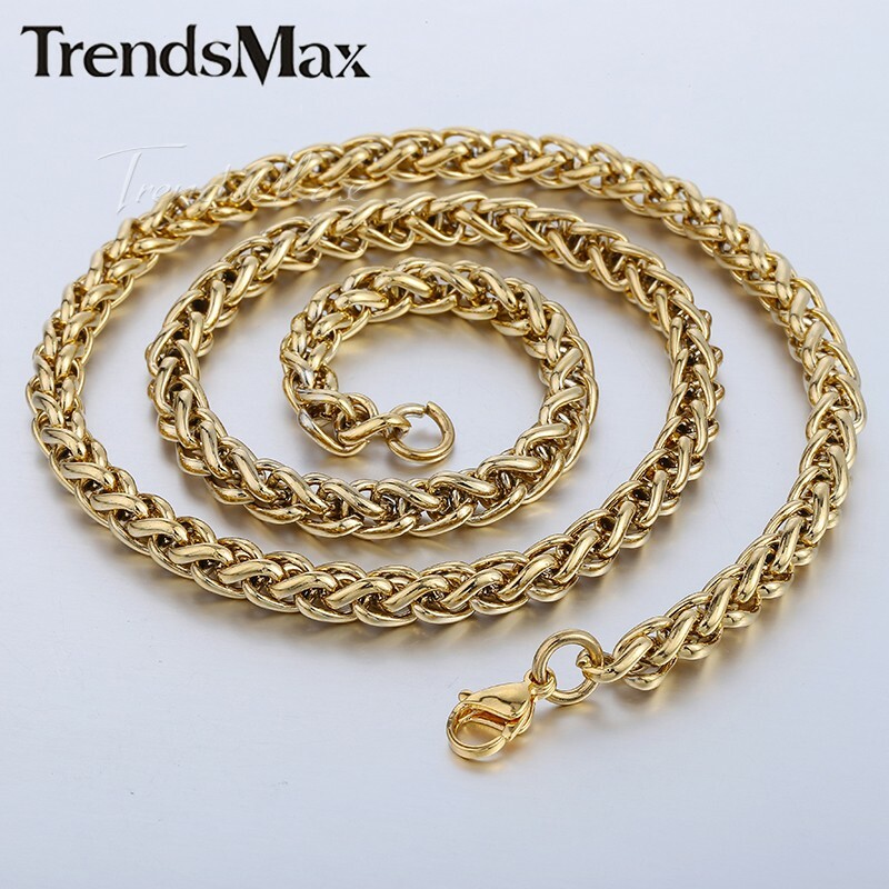 18K Gold Plated Stainless Steel Wheat Braided Chain Necklace Jewelry 3mm – 9.5mm