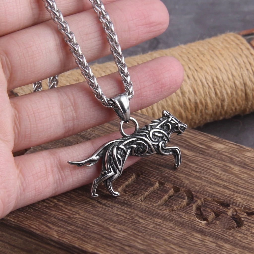 Stainless Steel Viking Wolf Pendant Necklace Norse Celtic Men’s Chain Jewelry
