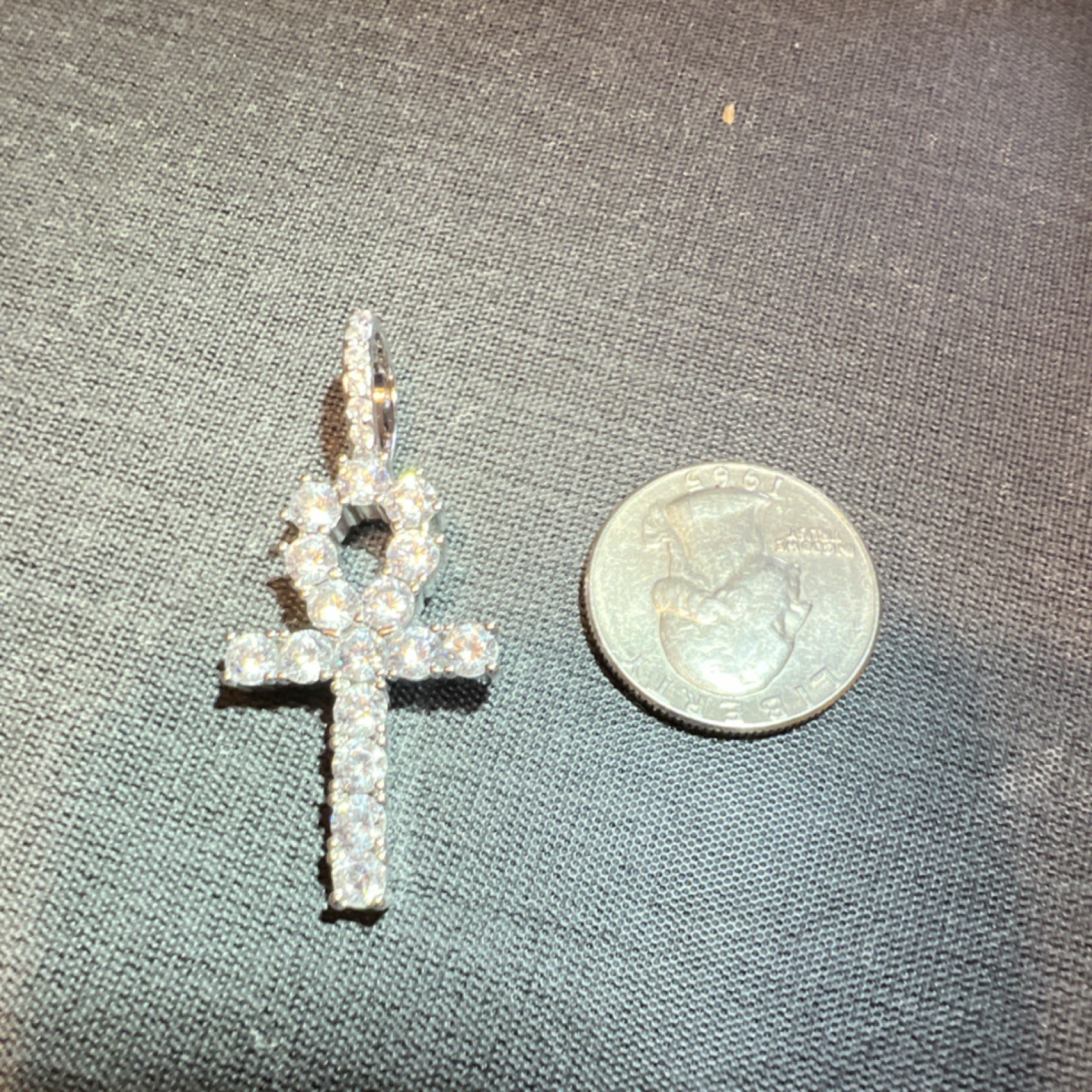 Silver Ankh Cross Pendant Charm simulated diamonds Round White/Colorless Stones