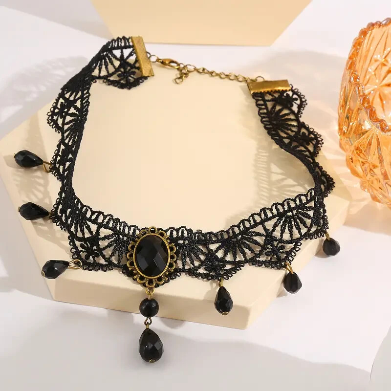 Black Lace Jewel Choker Necklace, Steampunk, Goth, Punk, Halloween, Trendy