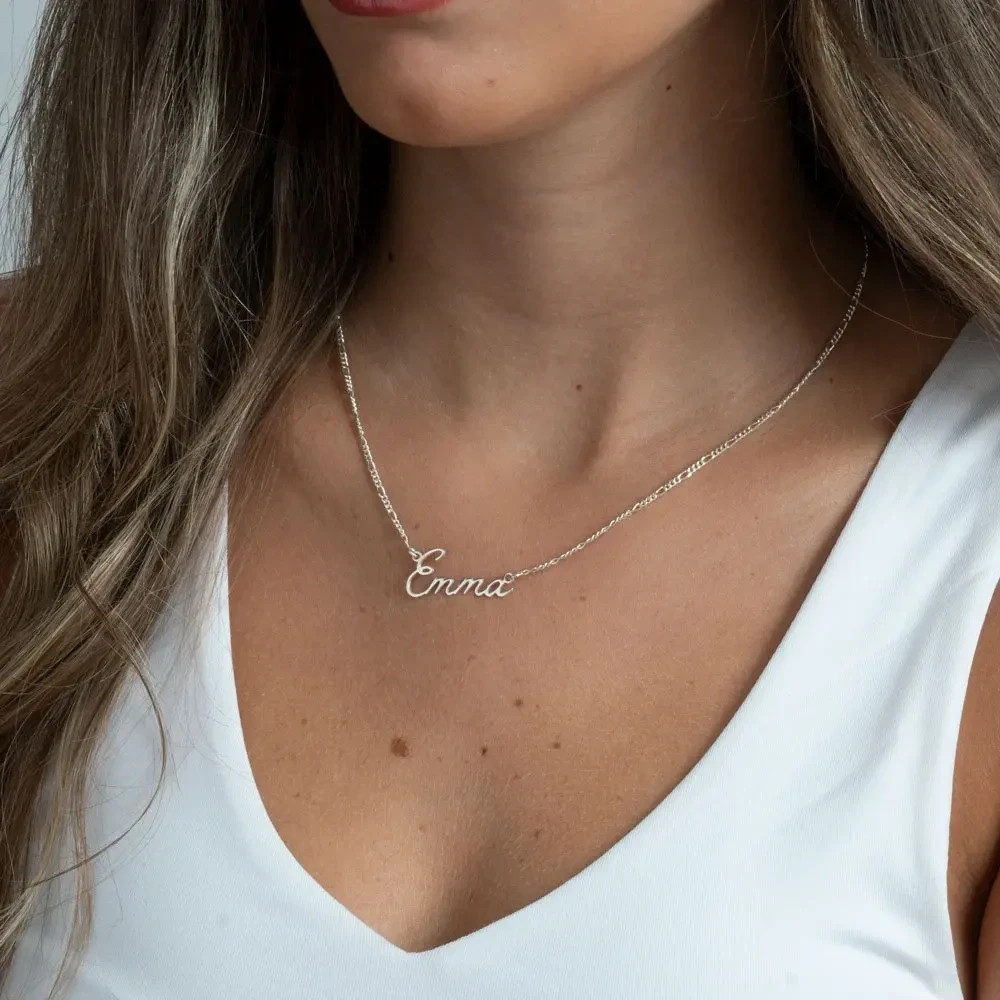 Custom Name Necklace Any Name 925 Sterling Silver Figaro Chain Handmade Gift