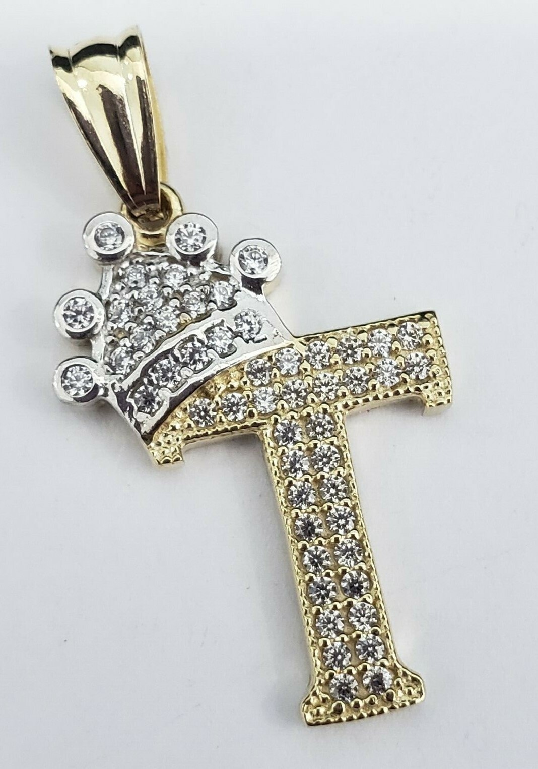 Real 10k Yellow Gold Crown Initial Alphabet Letter T Pendant Charm King Bling
