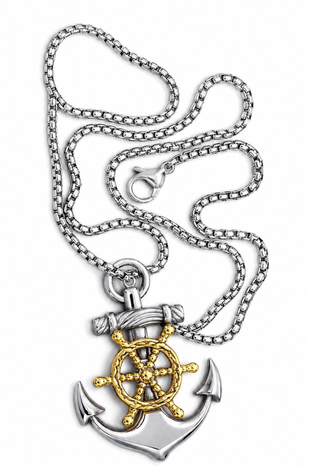 Anchor Ship Wheel Pendant Necklace 24″ Chain Silver Gold Nautical Maritime