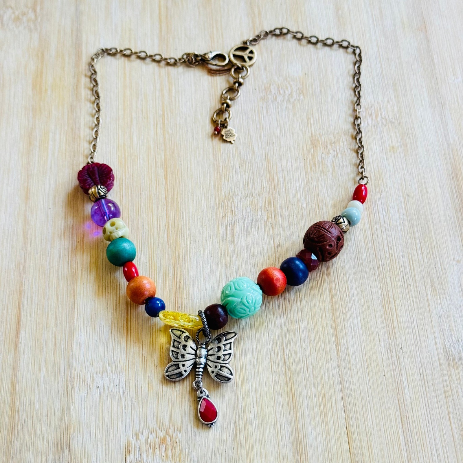 Lucky Brand Y2K Groovy Butterfly Necklace Brass Statement Chunky Boho Beaded