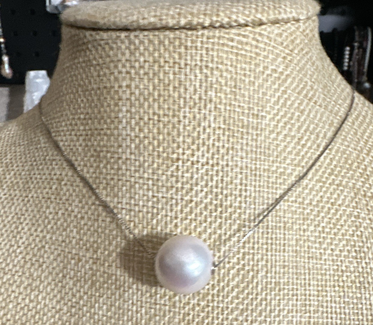15mm White Round Floating Edison Pearl Pendant Necklace Silver Tone Pin Chain