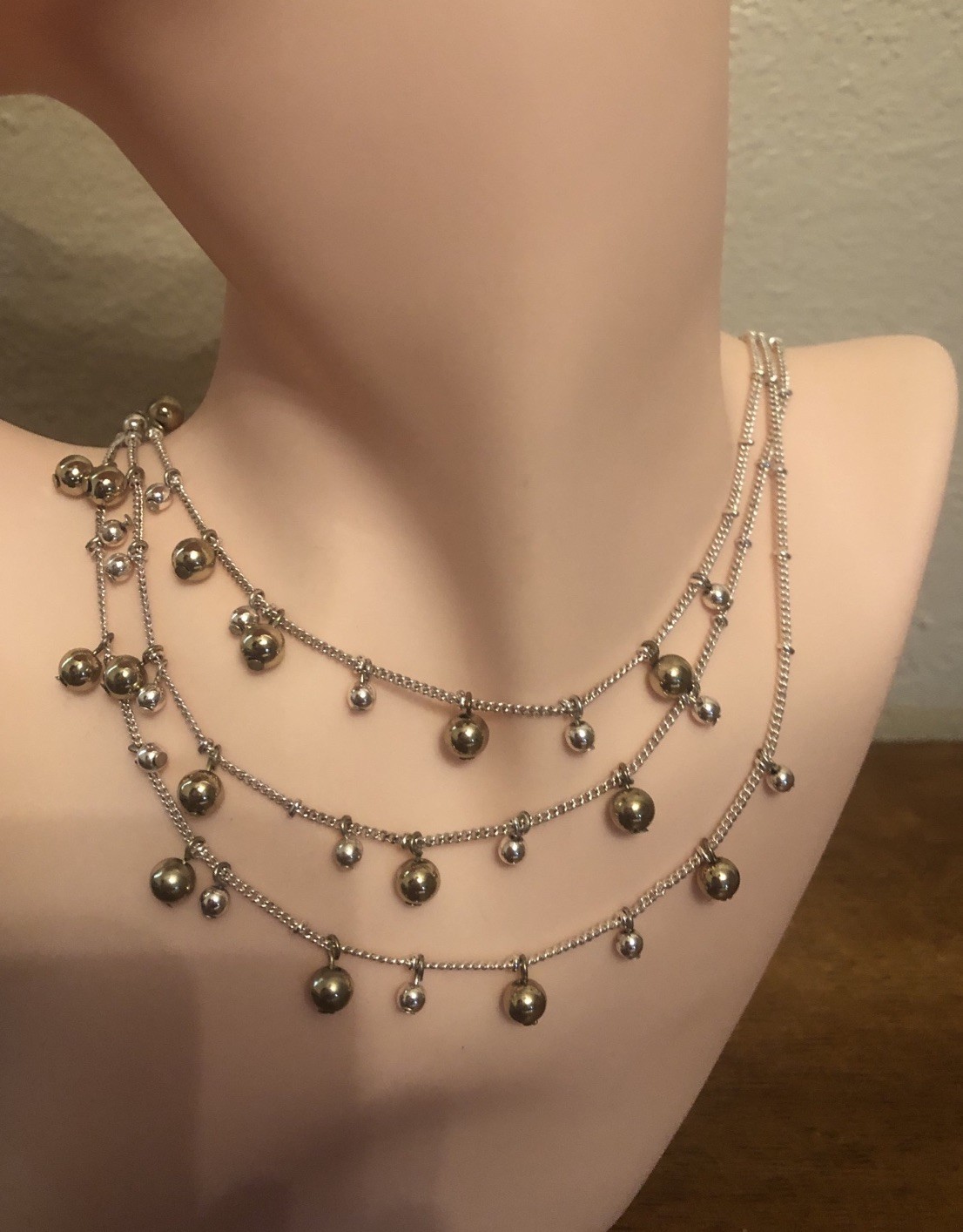 Danecraft Daily Wear Silver Tone Beaded Triple Chain Adjustable Necklace (T1)